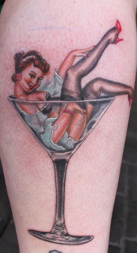 Colorful Pin Up Girl In Martini Glass Tattoo Design For Sleeve