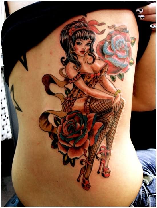 Colorful Pin Up Girl With Two Roses Tattoo On Side Rib