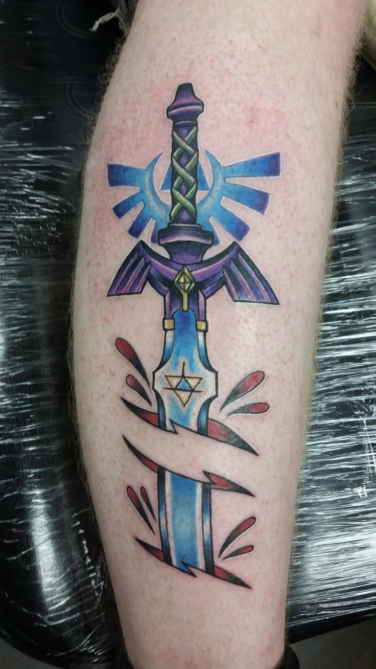 Colorful Ripped Skin Master Sword Tattoo Design For Leg