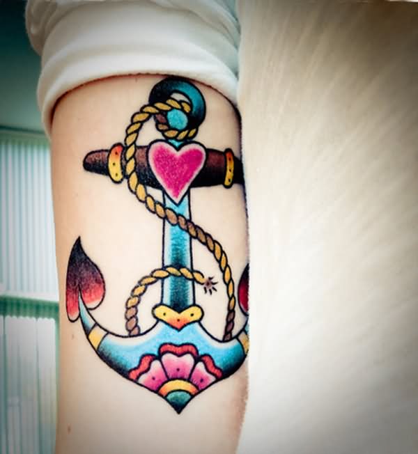 Colorful Rope And Anchor Tattoo On Sleeve