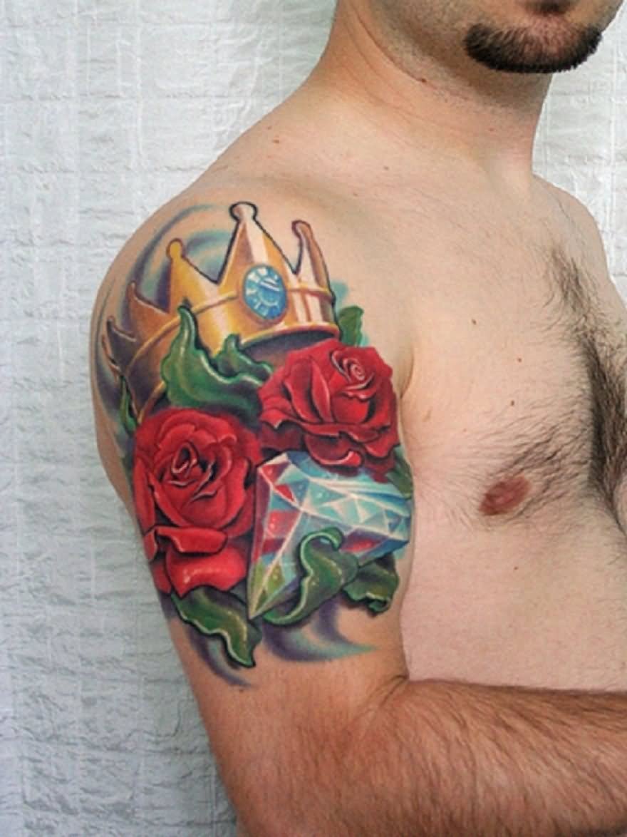 Colorful Rose With Diamond And Crown Tattoo On Man Right Shoulder