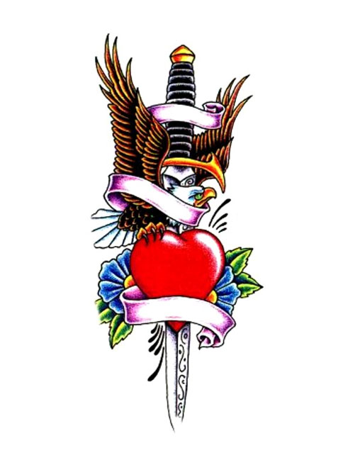 Colorful Sword In Heart With Eagle And Ribbon Tattoo Design