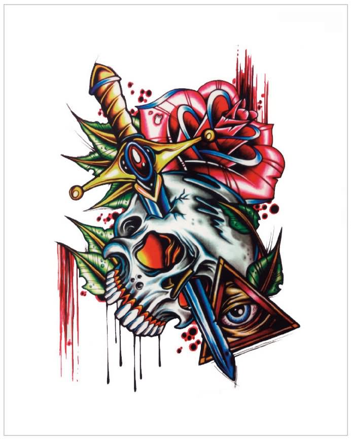 Colorful Sword In Skull With Rose And Illuminati Eye Tattoo Design