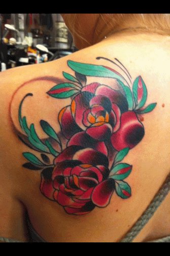 Colorful Two Roses Tattoo On Left Back Shoulder