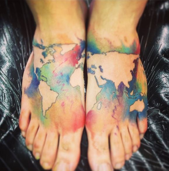Colorful World Map Tattoo On Feet