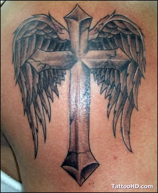 Cracked Stone Cross With Angel Wings Tattoo on Back