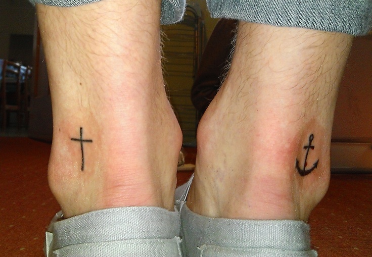 Cross And Anchor Tattoos On Back Heel