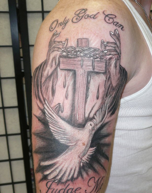 Cross with dove and open praying hands tattoo on half sleeve