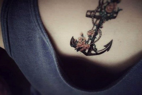 Cute Anchor Tattoo On Girl Upper Back