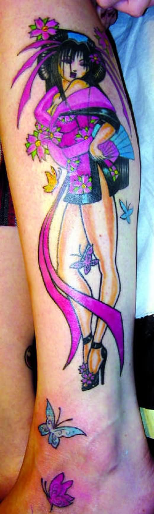Cute Colorful Pin Up Girl With Flowers And Butterflies Tattoo On Leg