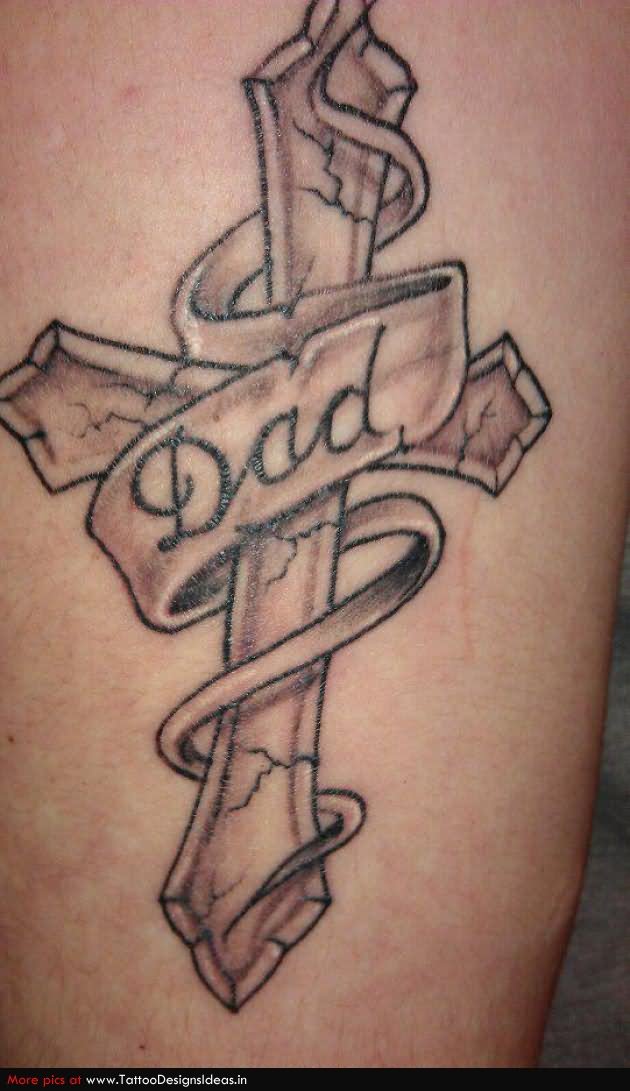 Dad Memorial Cracked Stone Cross Tattoo With Banner