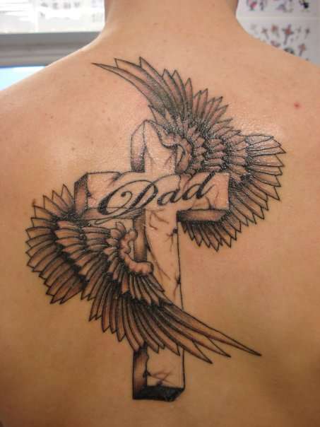 Dad memorial Stone cross with twisted angel wings tattoo on back