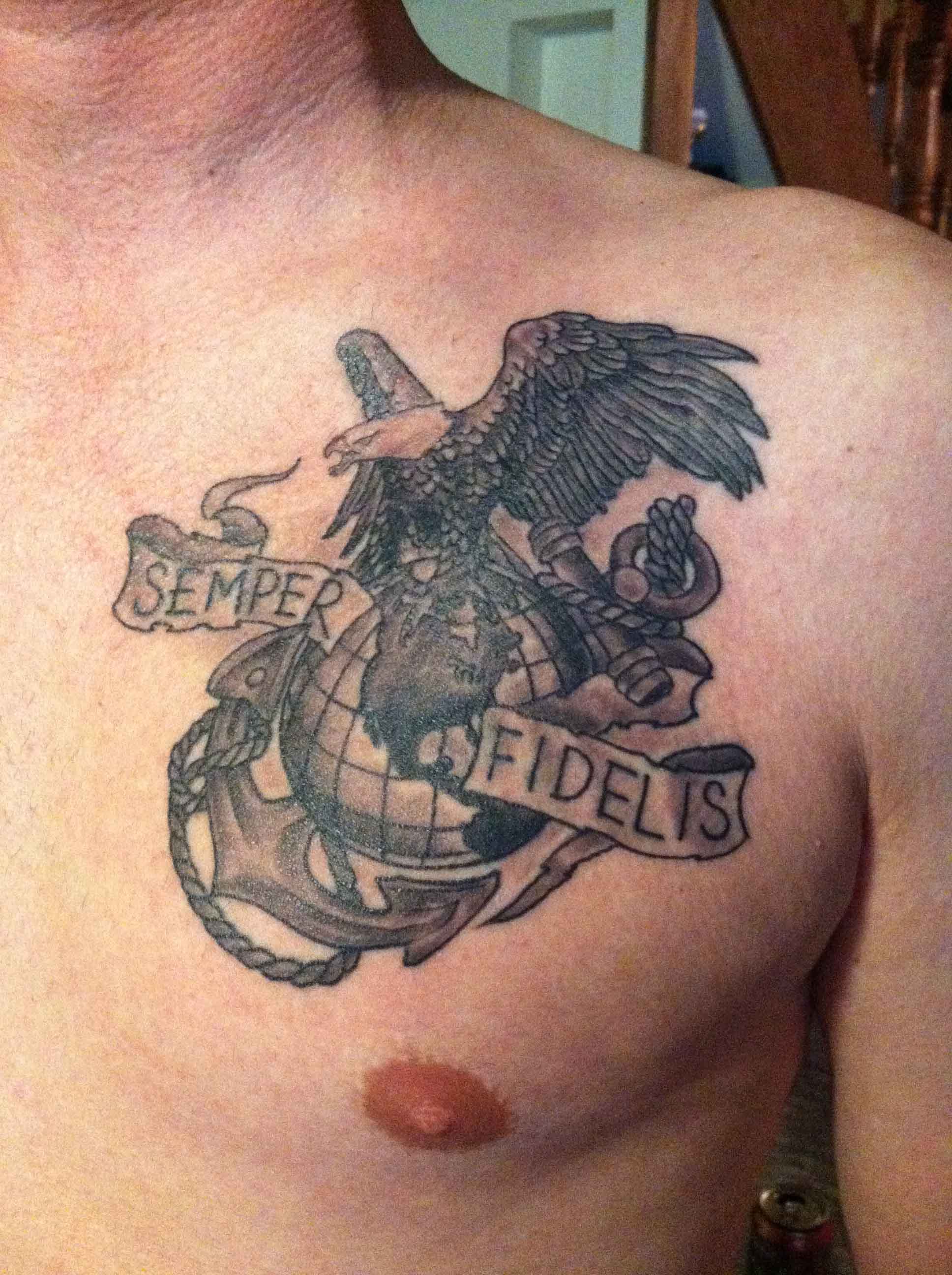 Eagle On Globe With Anchor Tattoo On Man Chest