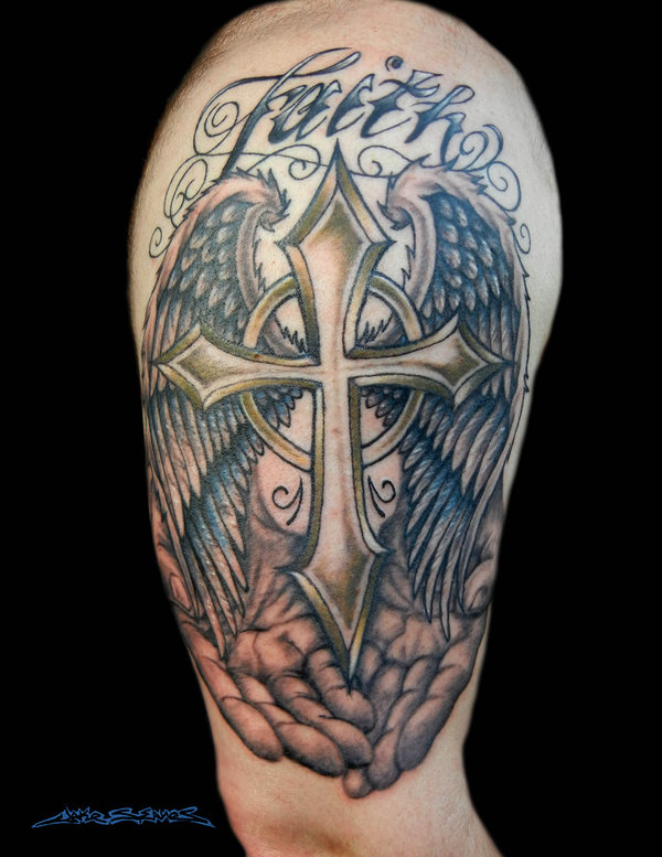 Faith with Open praying hands and Winged Cross Tattoo on Half sleeve by MuddyGreen