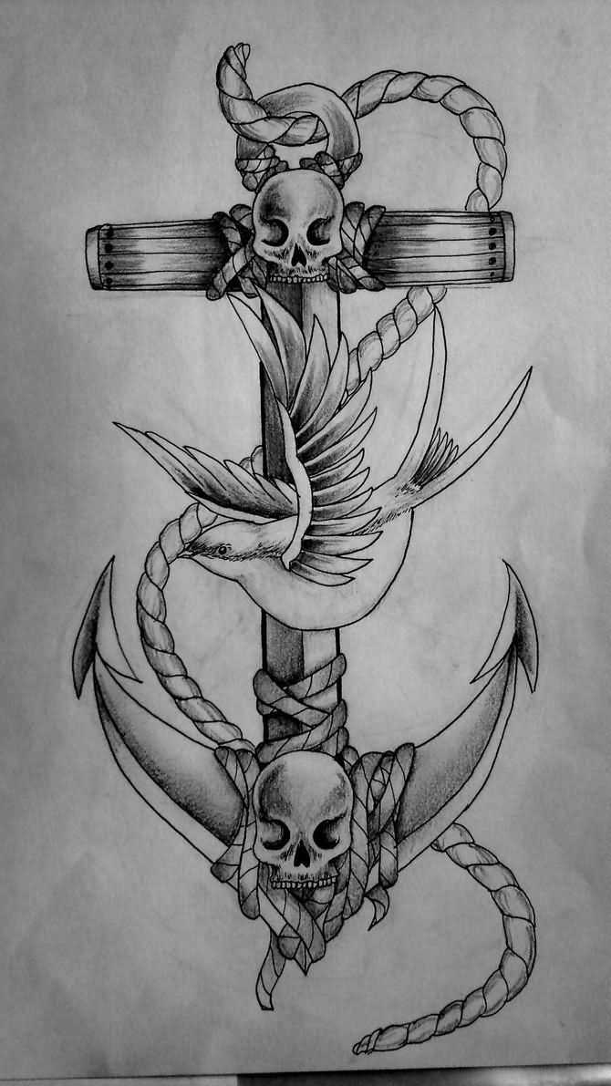 Flying Bird With Rope And Skulls Anchor Tattoo Design
