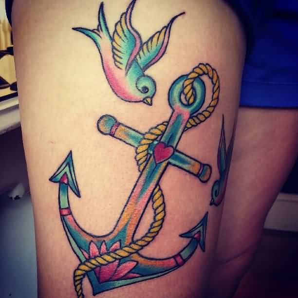 Flying Colorful Swallow And Anchor Tattoo On Right Thigh