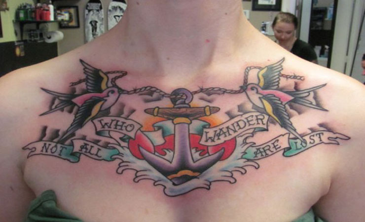 Flying Swallows With Rope And Anchor Tattoo on Chest For Men