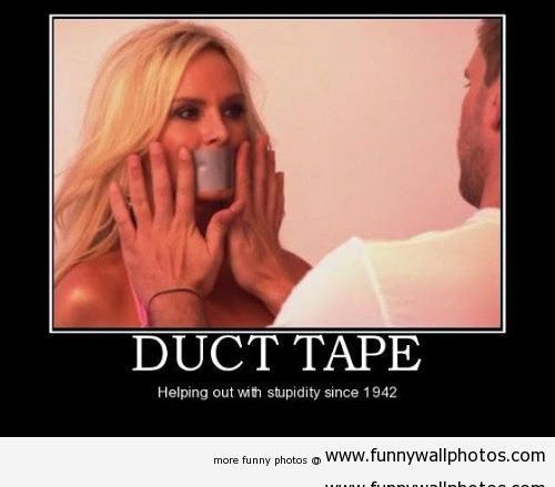Funny Man Fixing Duct Tape On Woman Mouth Poster