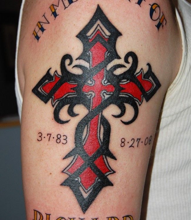 Gothic red cross tattoo on shoulder