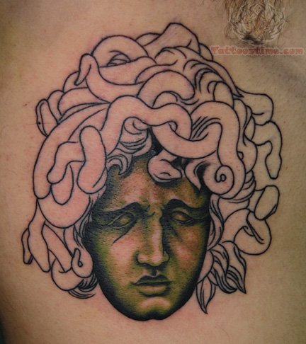 Green Ink Medusa Face Tattoo Design For Men