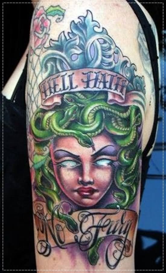 Green Ink Medusa Face With Banner Tattoo On Arm