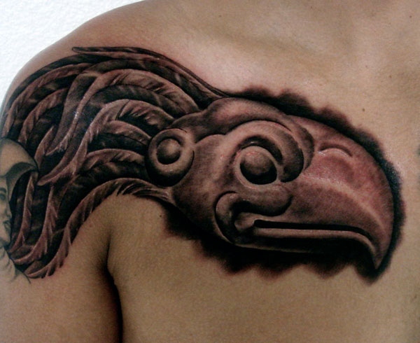 Grey Aztec Eagle Tattoo On Left Back Shoulder