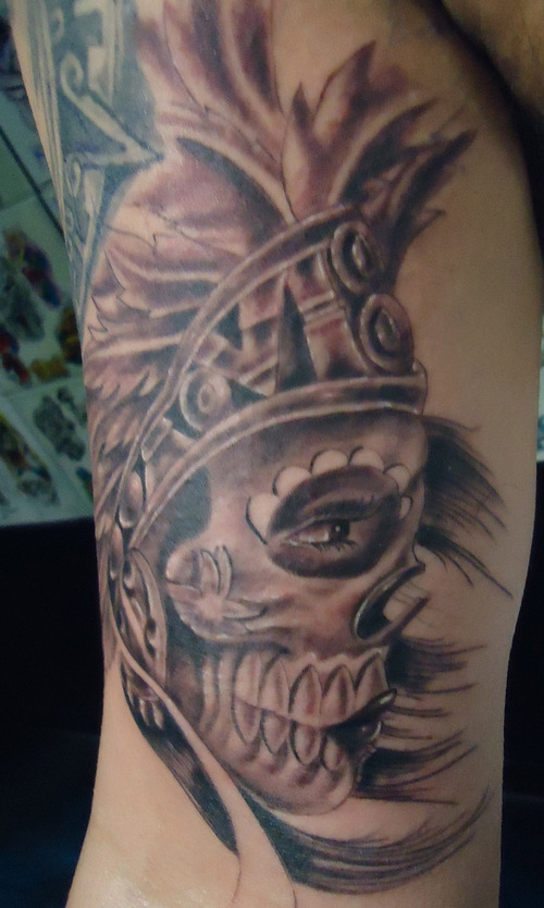 Grey Aztec Skull Tattoo On Bicep