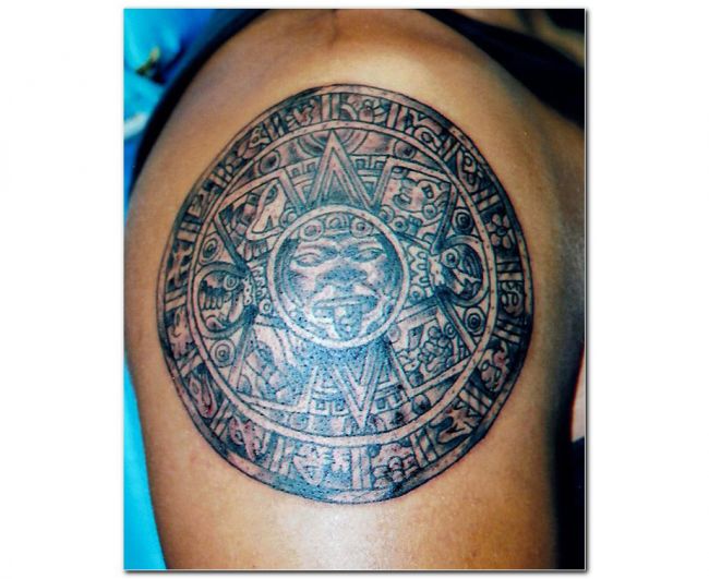 Grey Aztec Tattoo On Man Right Shoulder