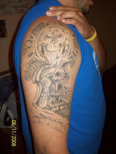 Grey Aztec Tattoo On Right Half Sleeve