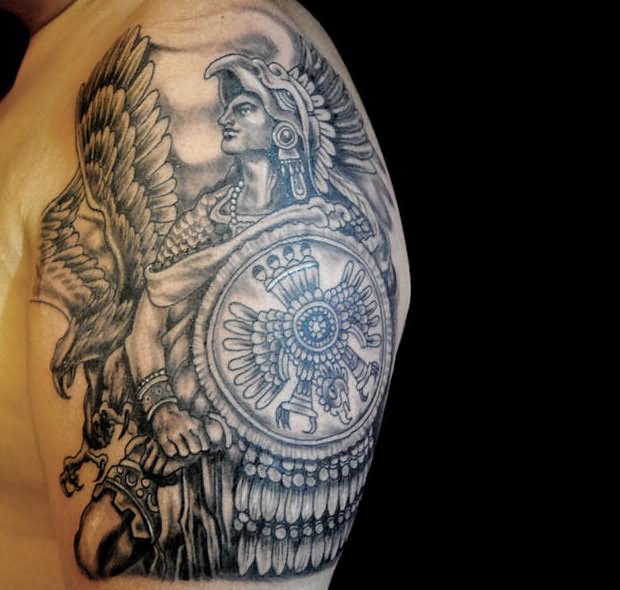 Grey Ink Aztec Tattoo On Left Half Sleeve