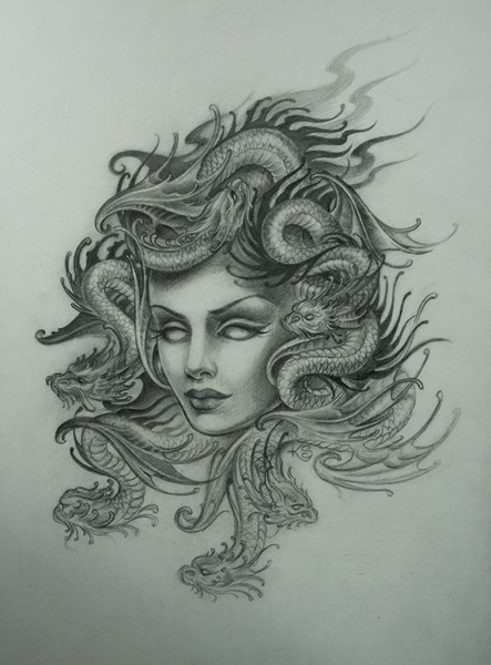 Grey Ink Snake Face Medusa Tattoo Design