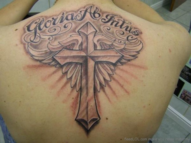 Grey Ink Winged Cross Tattoo with text On Back