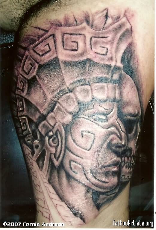 Grey Scary Aztec Tattoo On Leg For Men