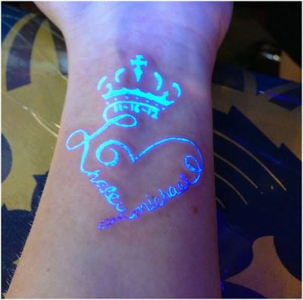 Heart And Crown White Ink Tattoo Under Black Light