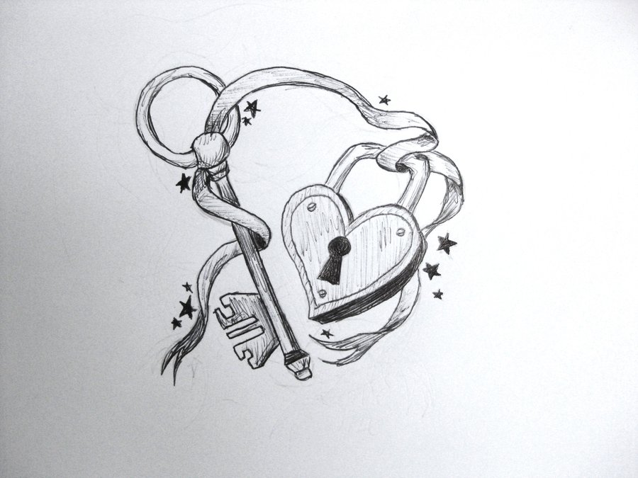 Heart Shape Lock And Key With Ribbon Tattoo Design