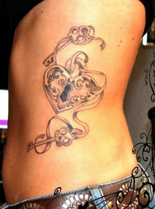 Heart Shape Lock And Two keys Tattoo On Side Rib