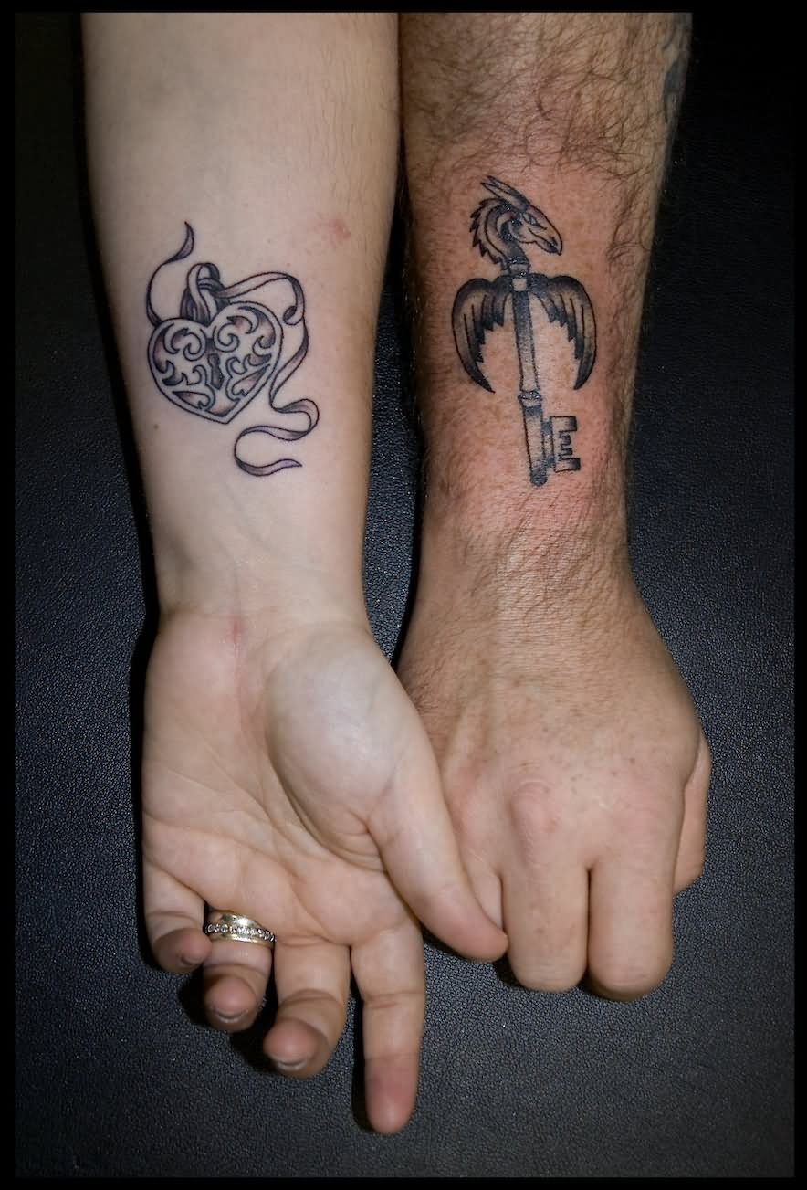 Heart Shape Lock With Dragon Key Tattoo On Couple Wrist