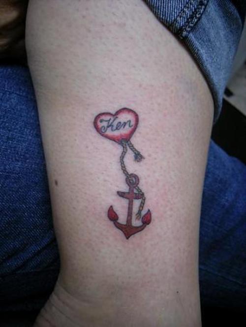 Heart Tag With Rope And Anchor Tattoo On Leg