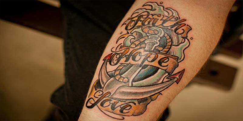 Hope Banner And Anchor Tattoo On Full Sleeve