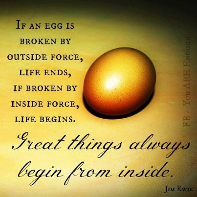 If an egg is broken by outside force, life ends. If broken by inside force, life begins. Great things always begin from inside (5)