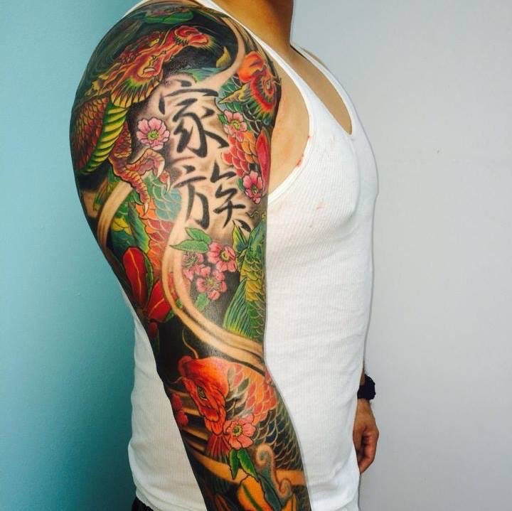 Koi With Dragon And Flowers Tattoo On Man Right Full Sleeve By Lisa