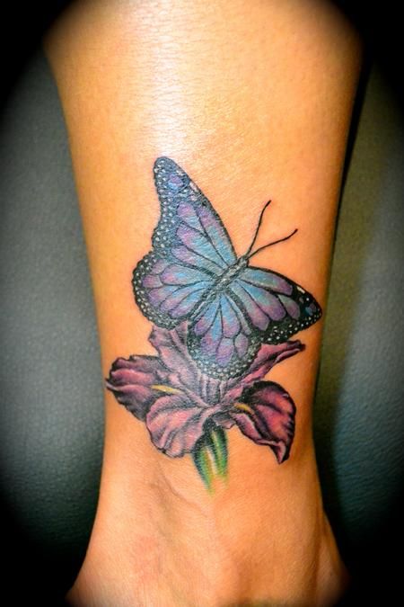 Lily Flower And Butterfly Tattoo On Ankle For Girls