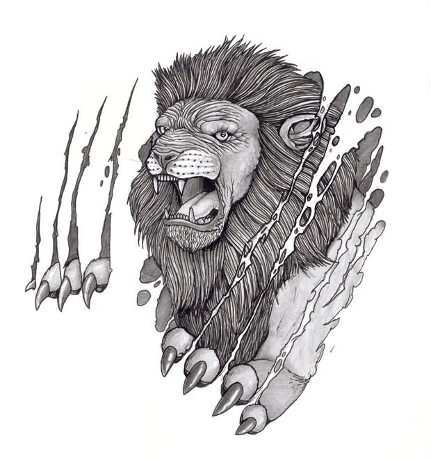 Lion tearing skin with claw tattoo design by tjiggotjurring