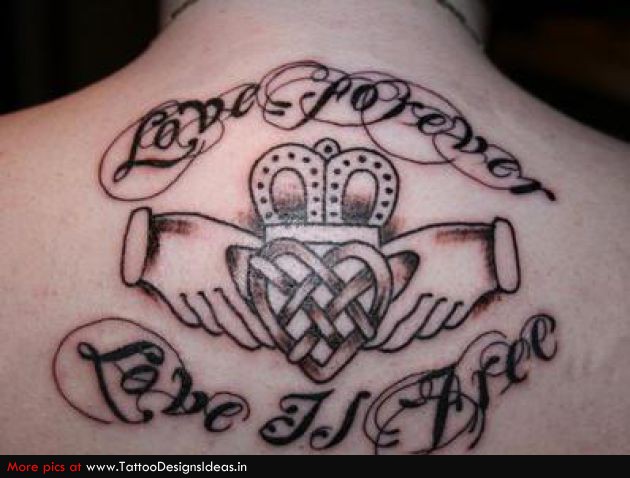 Love Forever - Black Ink Celtic Claddagh Tattoo On Girl Upper Back