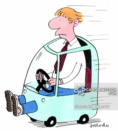Man Driving Tiny Car Funny Cartoon