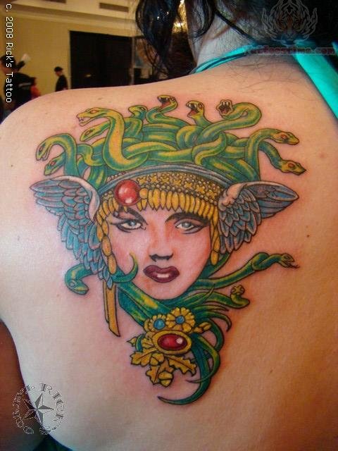 Medusa Face Tattoo On Left Back Shoulder