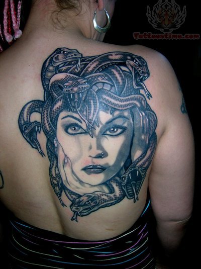 Medusa Face Tattoo On Right Back Shoulder
