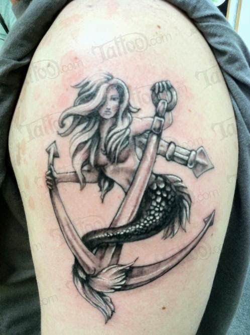 Mermaid And Anchor Tattoo On Left Shoulder