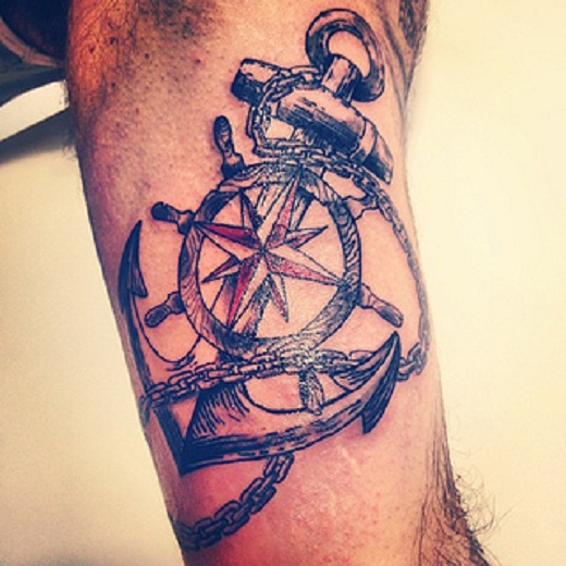 Nautical Compass And Anchor Tattoo On Inner Bicep