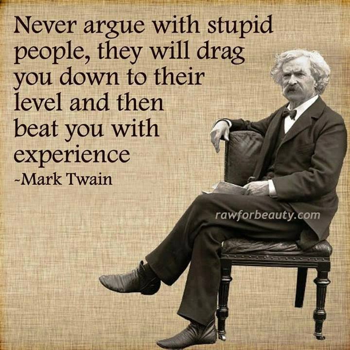 Never argue with stupid people, they will drag you down to their level and then beat you with experience. (4)